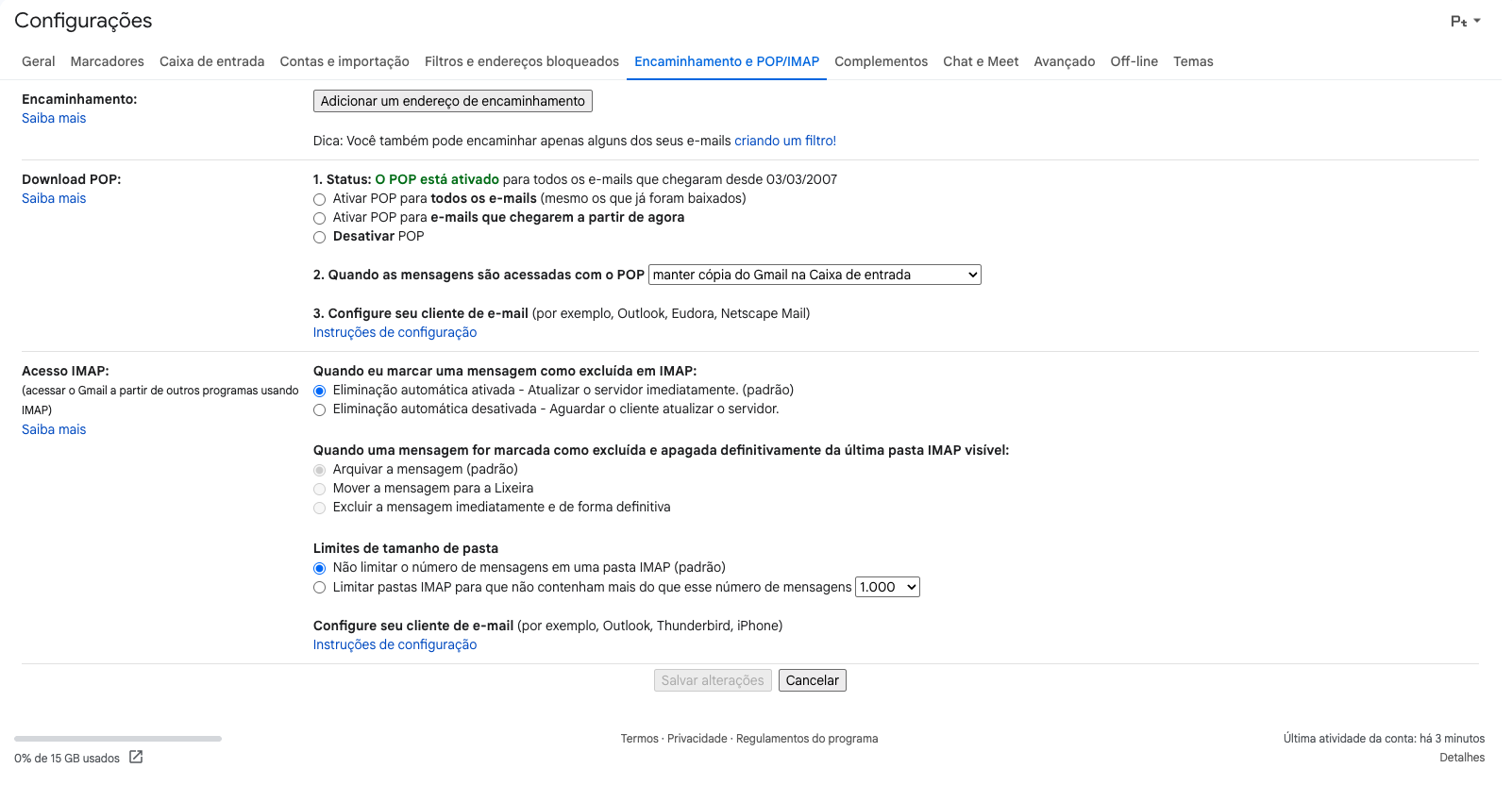 Configurações do Gmail — aba Encaminhamento e POP/IMAP