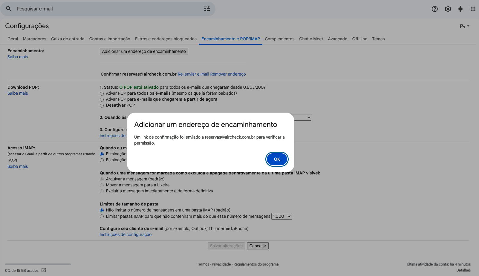 Gmail informando que o link de confirmação foi enviado