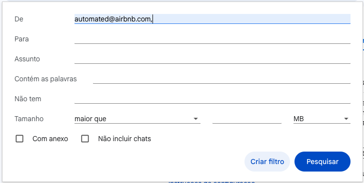 Opções de pesquisa com automated@airbnb.com