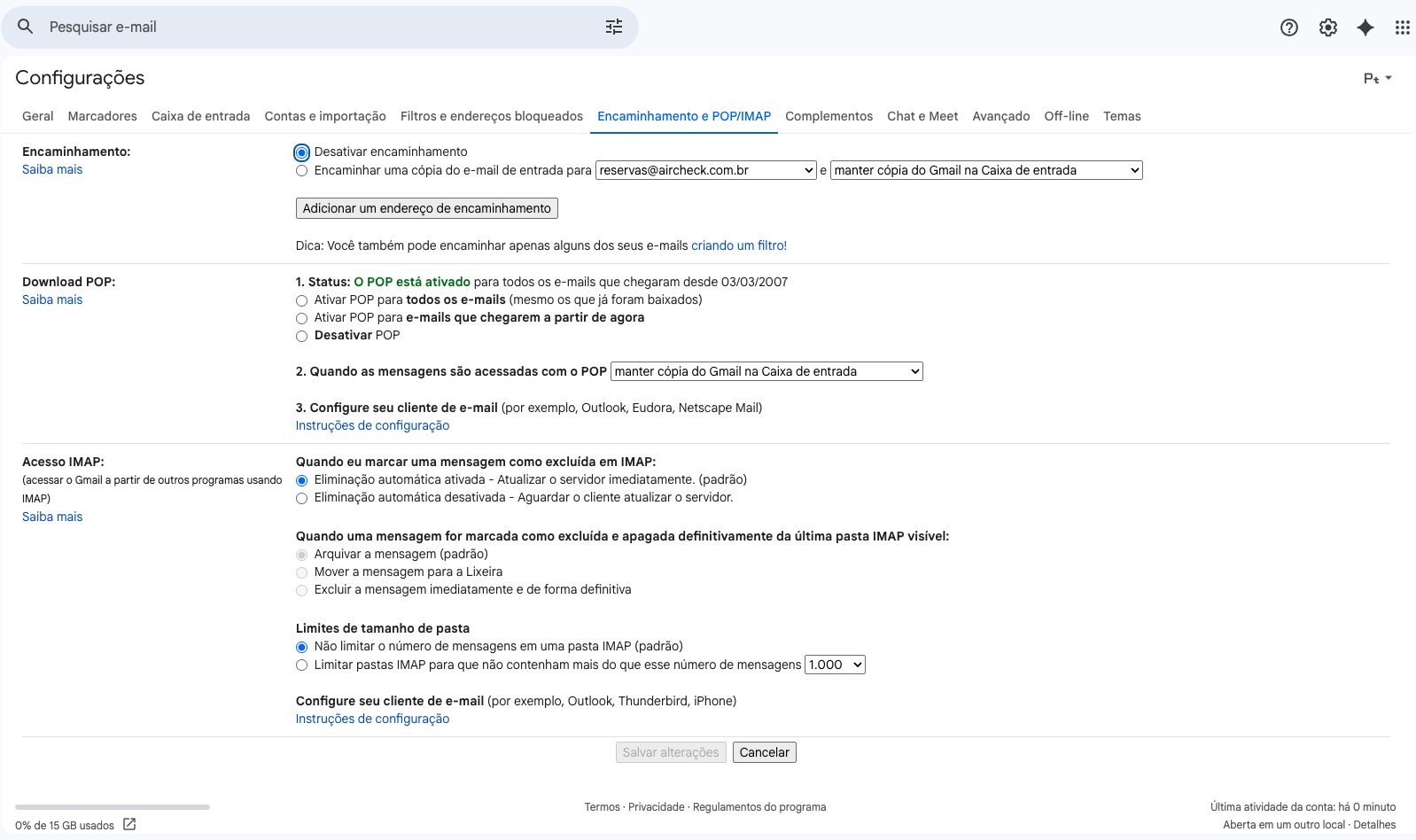Encaminhamento desativado mas endereço verificado