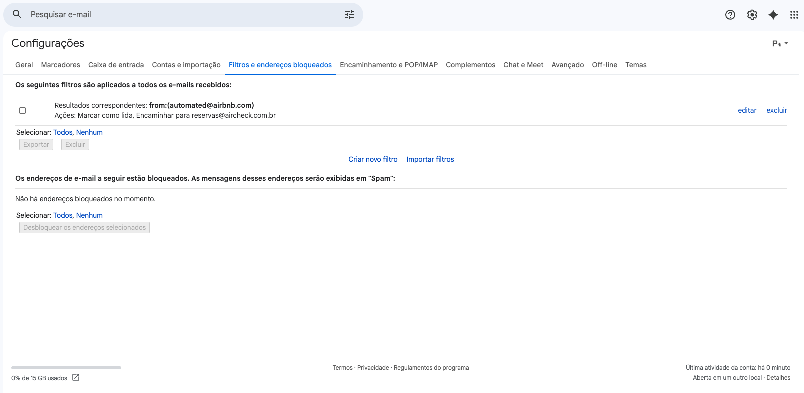 Filtro criado — from:(automated@airbnb.com), Encaminhar para reservas@aircheck.com.br